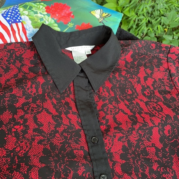 Fred David Woman Black Red Floral Lace Design Button Up Down SS Blouse Cuff 2X - Picture 10 of 13
